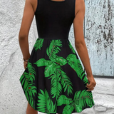 Vestido sin mangas para mujer - Corte acampanado - Elegante estampado de follaje - Escote redondo