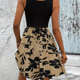 Vestido sin mangas para mujer - Corte acampanado - Elegante estampado de follaje - Escote redondo