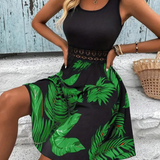 Vestido sin mangas para mujer - Corte acampanado - Elegante estampado de follaje - Escote redondo