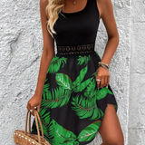 Vestido sin mangas para mujer - Corte acampanado - Elegante estampado de follaje - Escote redondo