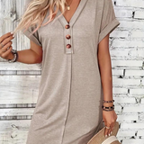 Vestido estilo camiseta para mujer - Corte holgado - Manga corta con ribetes vueltos - Cuello en V informal con botones
