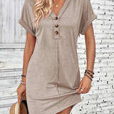 Vestido estilo camiseta para mujer - Corte holgado - Manga corta con ribetes vueltos - Cuello en V informal con botones