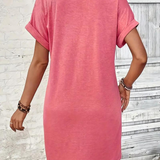 Vestido estilo camiseta para mujer - Corte holgado - Manga corta con ribetes vueltos - Cuello en V informal con botones