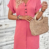 Vestido estilo camiseta para mujer - Corte holgado - Manga corta con ribetes vueltos - Cuello en V informal con botones