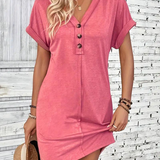 Vestido estilo camiseta para mujer - Corte holgado - Manga corta con ribetes vueltos - Cuello en V informal con botones