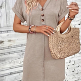Vestido estilo camiseta para mujer - Corte holgado - Manga corta con ribetes vueltos - Cuello en V informal con botones