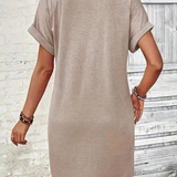 Vestido estilo camiseta para mujer - Corte holgado - Manga corta con ribetes vueltos - Cuello en V informal con botones