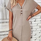 Vestido estilo camiseta para mujer - Corte holgado - Manga corta con ribetes vueltos - Cuello en V informal con botones