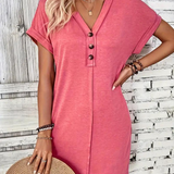 Vestido estilo camiseta para mujer - Corte holgado - Manga corta con ribetes vueltos - Cuello en V informal con botones