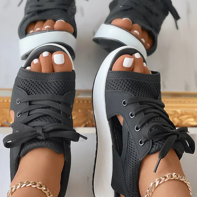 Sandalias con cordones para mujer – Punta abierta – Suela de plataforma – Malla transpirable