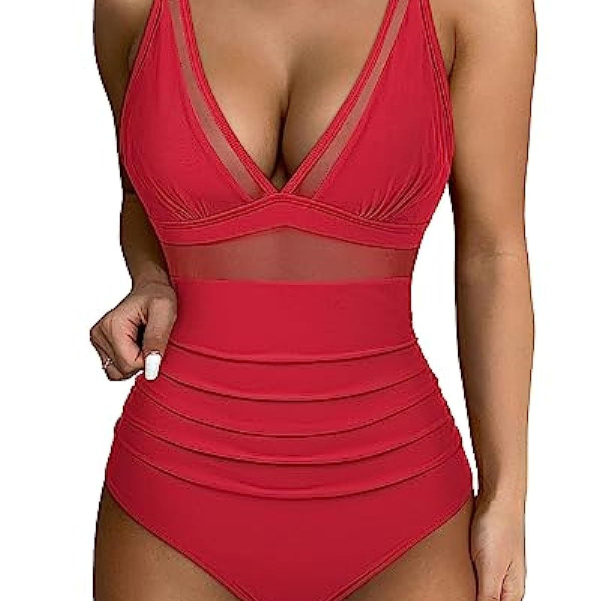 Traje de baño de una pieza para mujer – Escote pronunciado – Malla moldeadora – Paneles de tul