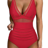 Traje de baño de una pieza para mujer – Escote pronunciado – Malla moldeadora – Paneles de tul