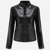 Chaqueta de cuero para mujer – Corte entallado – Cuello alto – Paneles acolchados – Bolsillos con cremallera