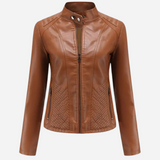 Chaqueta de cuero para mujer – Corte entallado – Cuello alto – Paneles acolchados – Bolsillos con cremallera