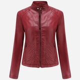 Chaqueta de cuero para mujer – Corte entallado – Cuello alto – Paneles acolchados – Bolsillos con cremallera