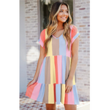 Vestido informal para mujer - Corte holgado - Cuello en V - Manga corta - Estilo a rayas