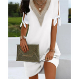 Vestido túnica para mujer – Corte holgado – Cuello en V de encaje – Lazos en los hombros