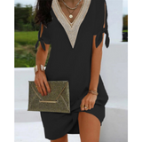 Vestido túnica para mujer – Corte holgado – Cuello en V de encaje – Lazos en los hombros