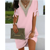 Vestido túnica para mujer – Corte holgado – Cuello en V de encaje – Lazos en los hombros