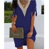 Vestido túnica para mujer – Corte holgado – Cuello en V de encaje – Lazos en los hombros