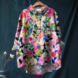 Blusa de mujer – Corte holgado – Fibras naturales transpirables – Estampado floral – Mangas largas – Tapeta de botones – Cuello clásico
