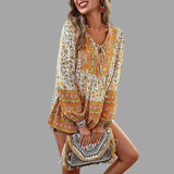 Blusa de mujer - Estilo bohemio - Mangas largas - Cuello en V con lazo - Corte holgado