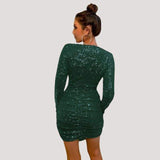 Vestido mini ajustado para mujer - Mangas largas - Escote en V profundo - Lentejuelas brillantes