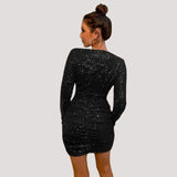 Vestido mini ajustado para mujer - Mangas largas - Escote en V profundo - Lentejuelas brillantes