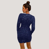 Vestido mini ajustado para mujer - Mangas largas - Escote en V profundo - Lentejuelas brillantes