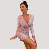 Vestido mini ajustado para mujer - Mangas largas - Escote en V profundo - Lentejuelas brillantes