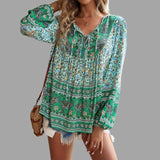 Blusa de mujer - Estilo bohemio - Mangas largas - Cuello en V con lazo - Corte holgado