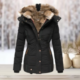Abrigo de invierno con capucha de piel sintética para mujer, elegante y cómodo.