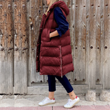 Chaleco sin mangas para mujer – Corte largo oversize – Acolchado con capucha – Bolsillos con cremallera