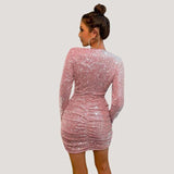 Vestido mini ajustado para mujer - Mangas largas - Escote en V profundo - Lentejuelas brillantes
