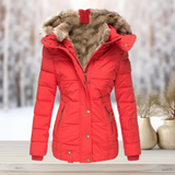 Abrigo de invierno con capucha de piel sintética para mujer, elegante y cómodo.
