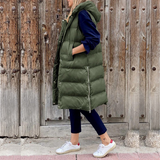 Chaleco sin mangas para mujer – Corte largo oversize – Acolchado con capucha – Bolsillos con cremallera