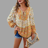 Blusa de mujer - Estilo bohemio - Mangas largas - Cuello en V con lazo - Corte holgado