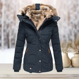 Abrigo de invierno con capucha de piel sintética para mujer, elegante y cómodo.