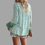 Blusa de mujer - Estilo bohemio - Mangas largas - Cuello en V con lazo - Corte holgado