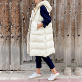 Chaleco sin mangas para mujer – Corte largo oversize – Acolchado con capucha – Bolsillos con cremallera