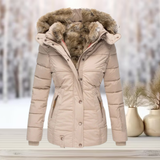Abrigo de invierno con capucha de piel sintética para mujer, elegante y cómodo.