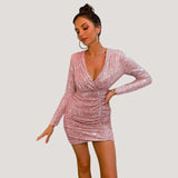 Vestido mini ajustado para mujer - Mangas largas - Escote en V profundo - Lentejuelas brillantes