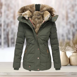 Abrigo de invierno con capucha de piel sintética para mujer, elegante y cómodo.