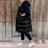Chaleco sin mangas para mujer – Corte largo oversize – Acolchado con capucha – Bolsillos con cremallera