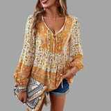 Blusa de mujer - Estilo bohemio - Mangas largas - Cuello en V con lazo - Corte holgado