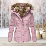 Abrigo de invierno con capucha de piel sintética para mujer, elegante y cómodo.