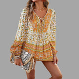 Blusa de mujer - Estilo bohemio - Mangas largas - Cuello en V con lazo - Corte holgado