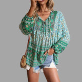 Blusa de mujer - Estilo bohemio - Mangas largas - Cuello en V con lazo - Corte holgado