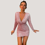 Vestido mini ajustado para mujer - Mangas largas - Escote en V profundo - Lentejuelas brillantes
