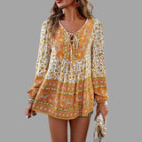 Blusa de mujer - Estilo bohemio - Mangas largas - Cuello en V con lazo - Corte holgado